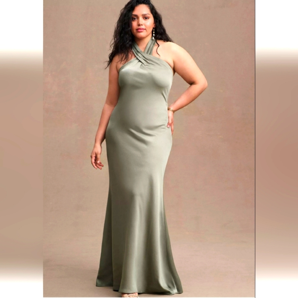 Anthropologie BHLDN Ruby Twist Halter Satin Gown. Moss. Sz 18w. 💥NWTs. Org $248